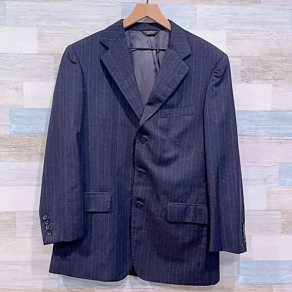 Southwick Bespoke Striped 3 Button Suit Gray Wool Mens 44R 36x31 Pleated Pants